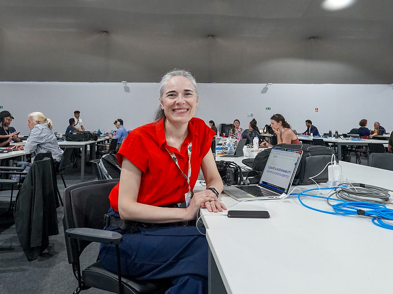 Mariana Castaño Cano at the media center at COP30