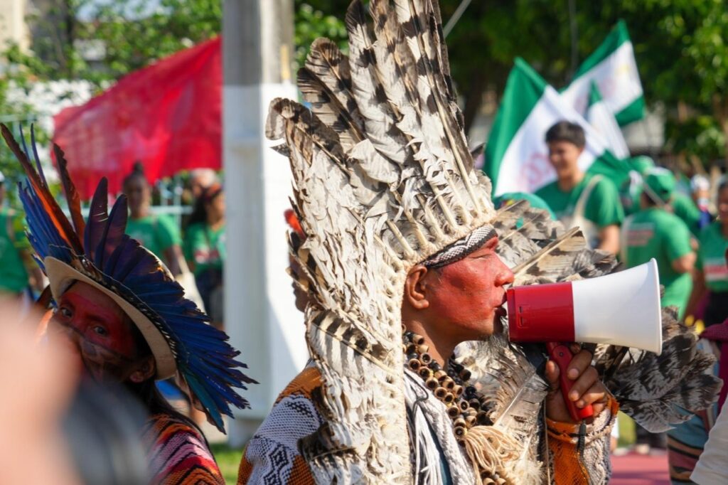 Indigenous people took to the streets at the climate march in Belém on 15 November 2025. Photo by 10 Billion Solutions / Mariana Castaño Cano.