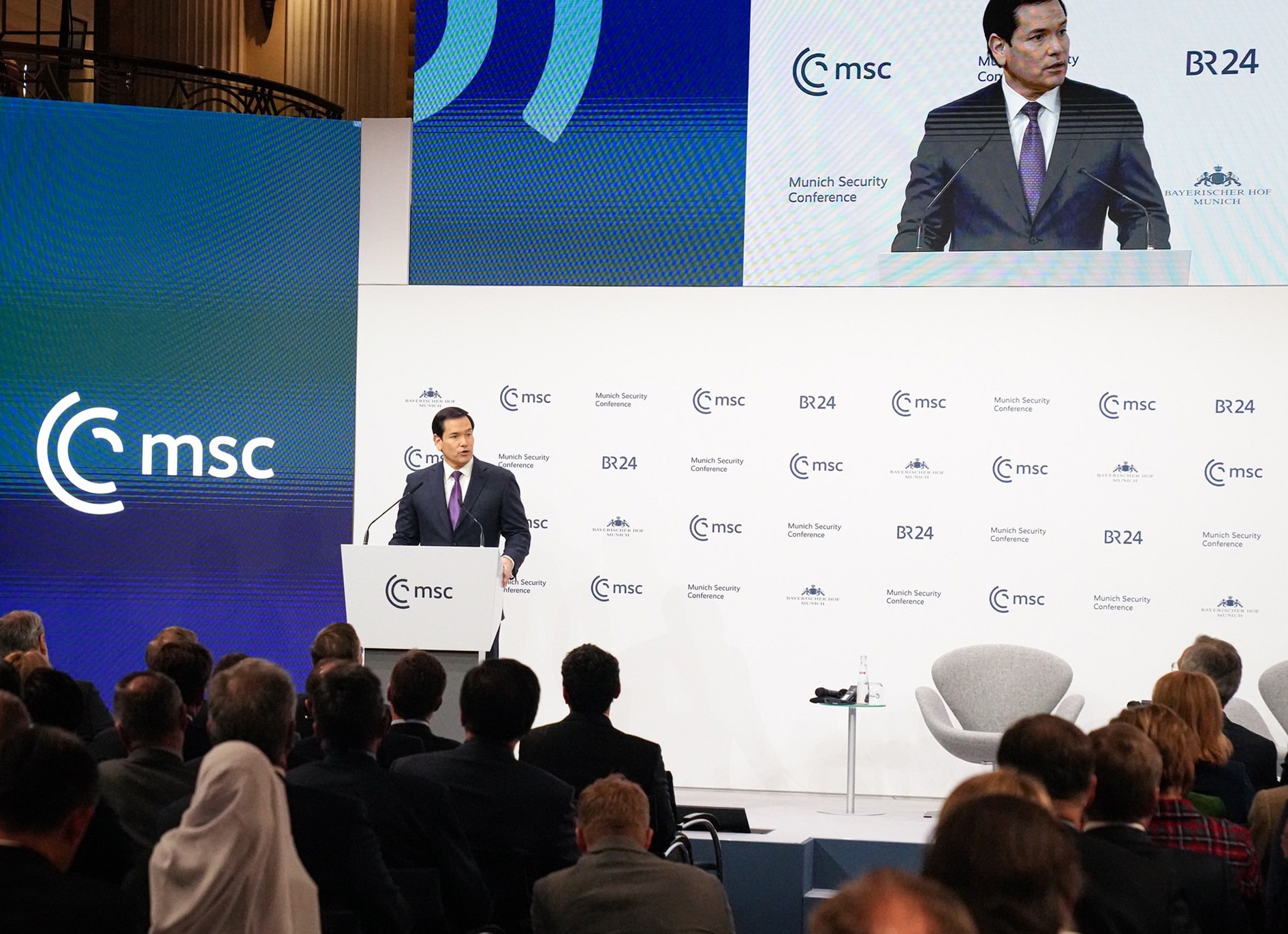 Secretary Marco Rubio delivers remarks to the Munich Security Conference in Munich Germany February 14 2026 Official State Department photo by Freddie Everett